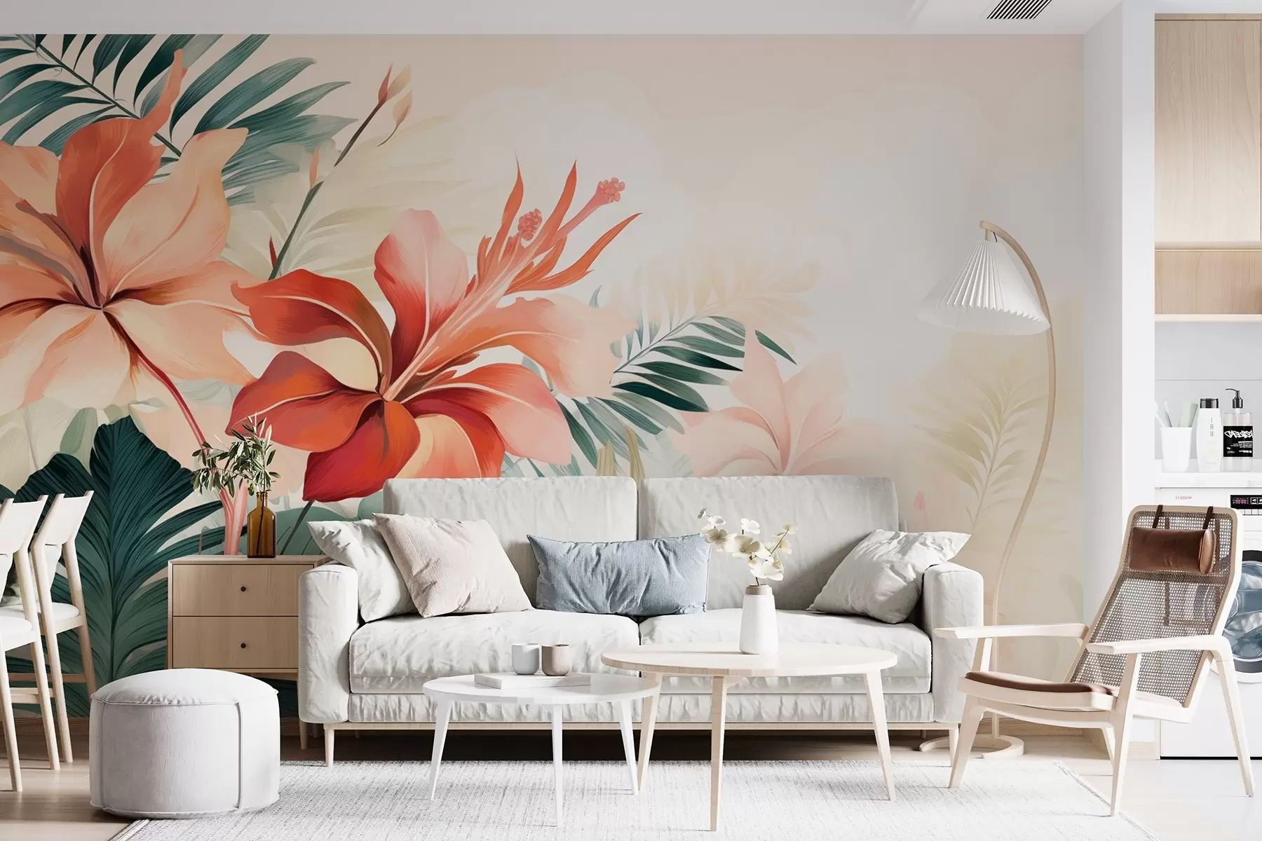 wall murals Tropical flowers with green leaves w08938