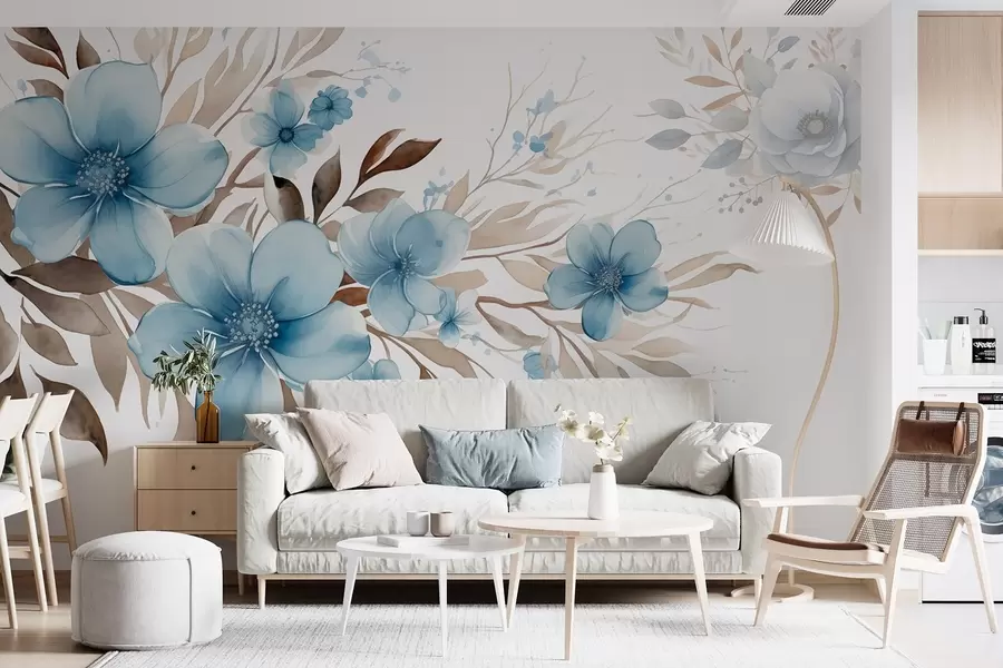 wall murals Floral composition with blue flowers and brown leaves w08934