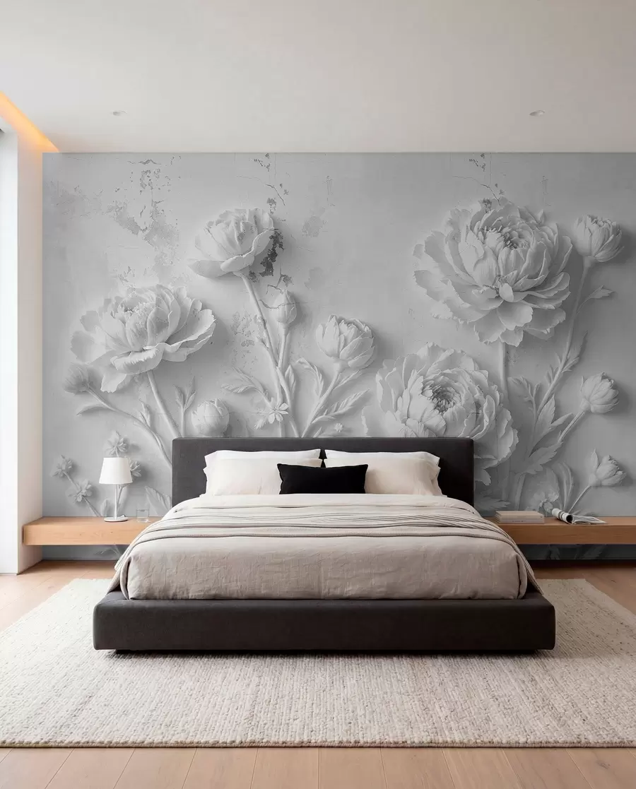 wall murals Peony Shadows in Silver w03553v2