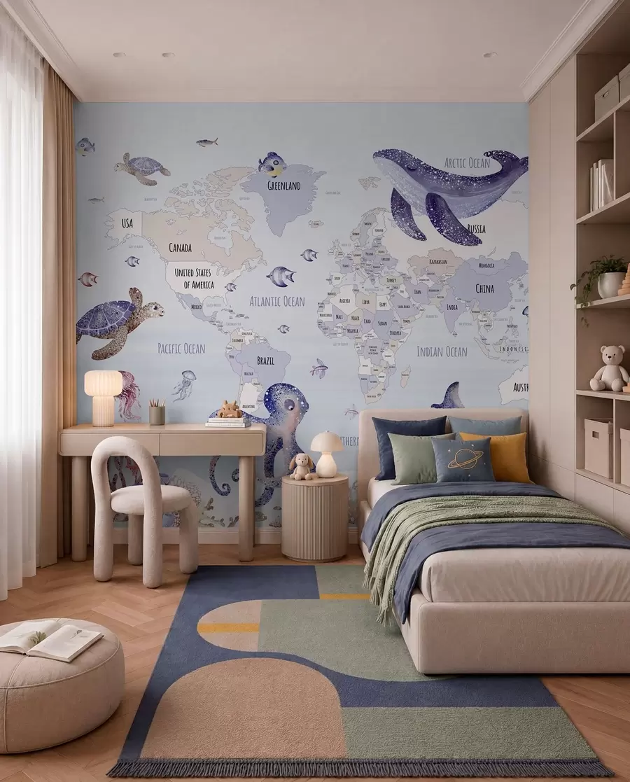 wall murals Underwater world with world map w03526v1