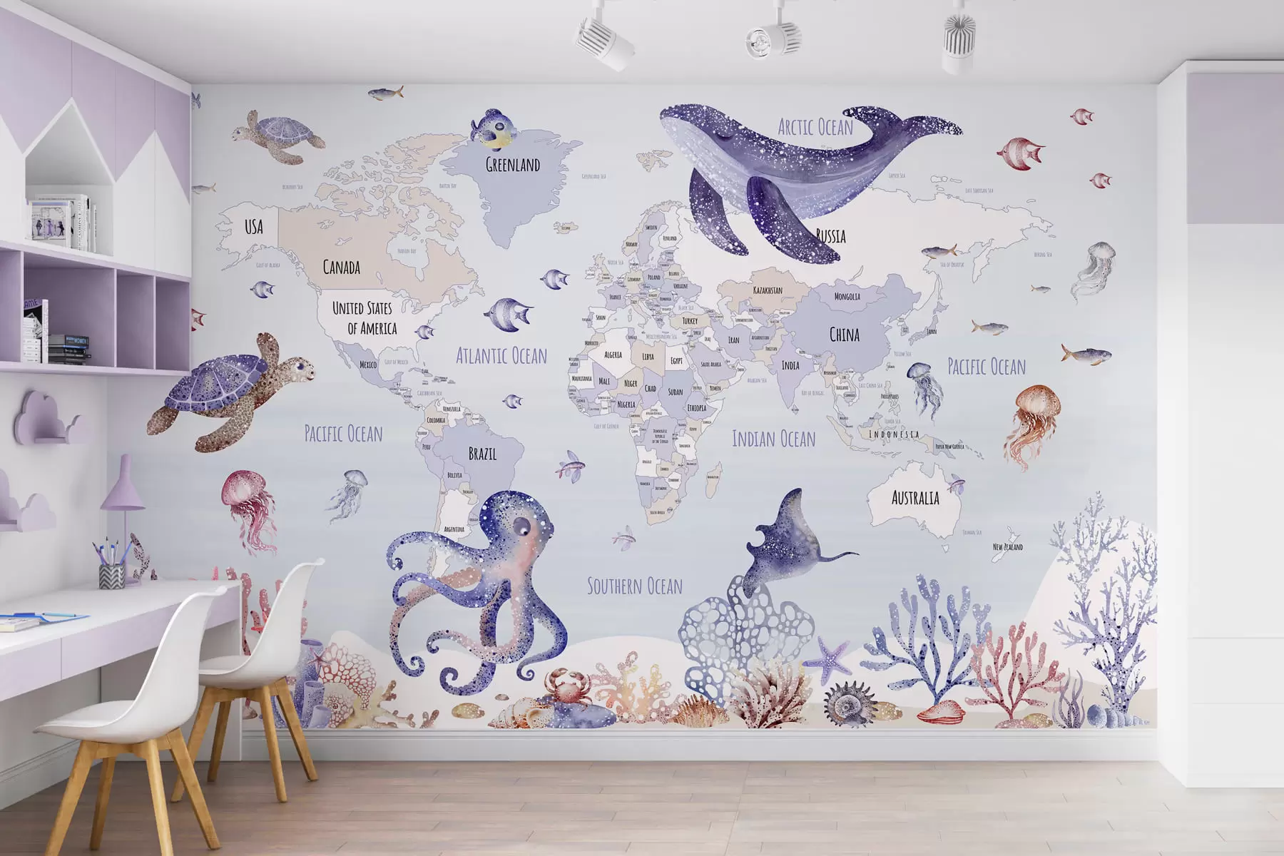 wall murals Underwater world with world map w03526v1