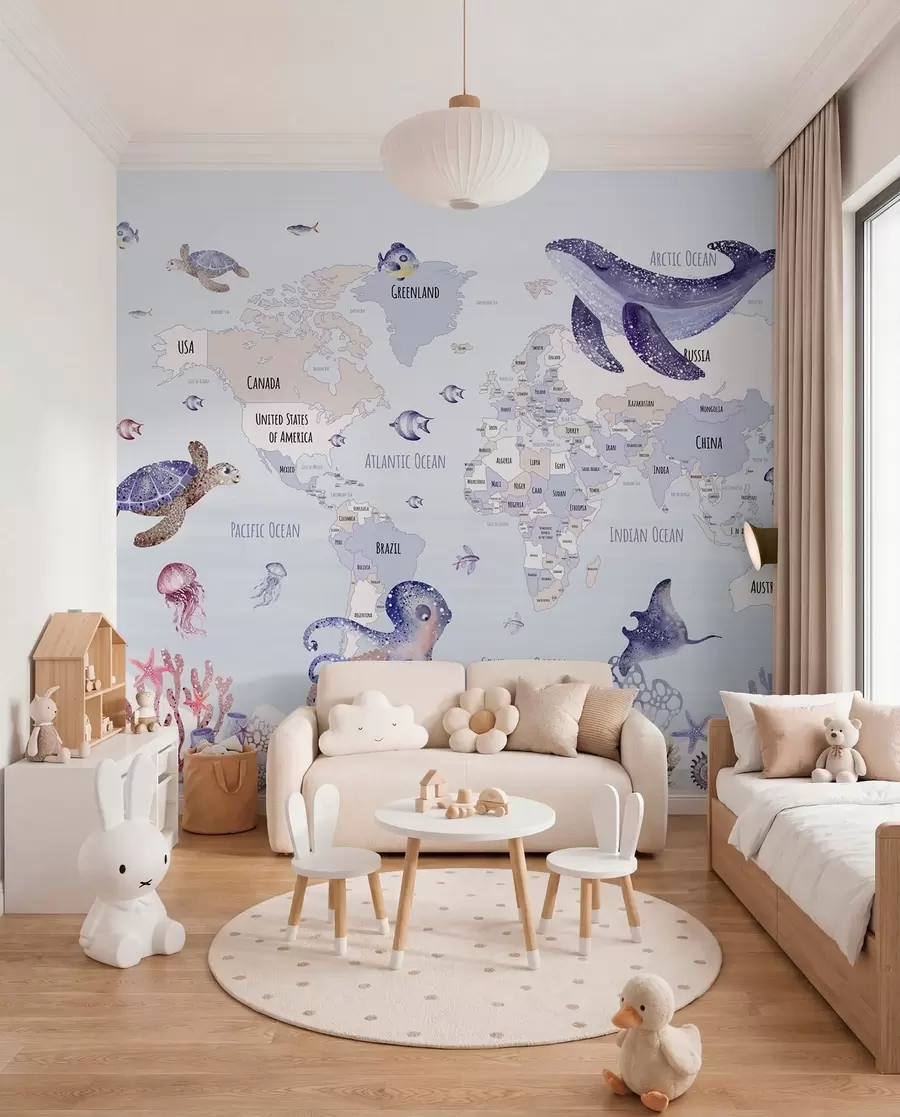 wall murals Underwater world with world map w03526v1