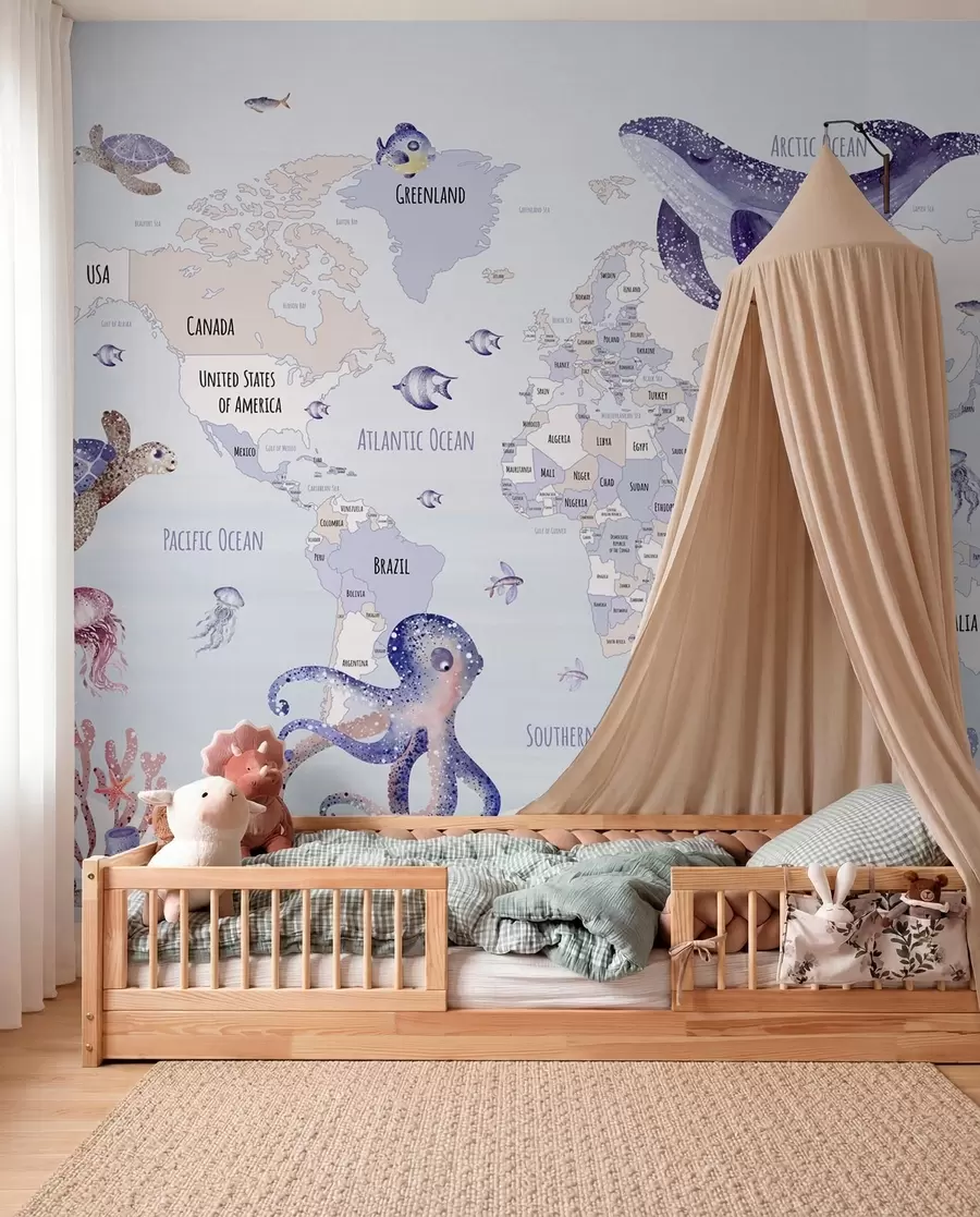 wall murals Underwater world with world map w03526v1