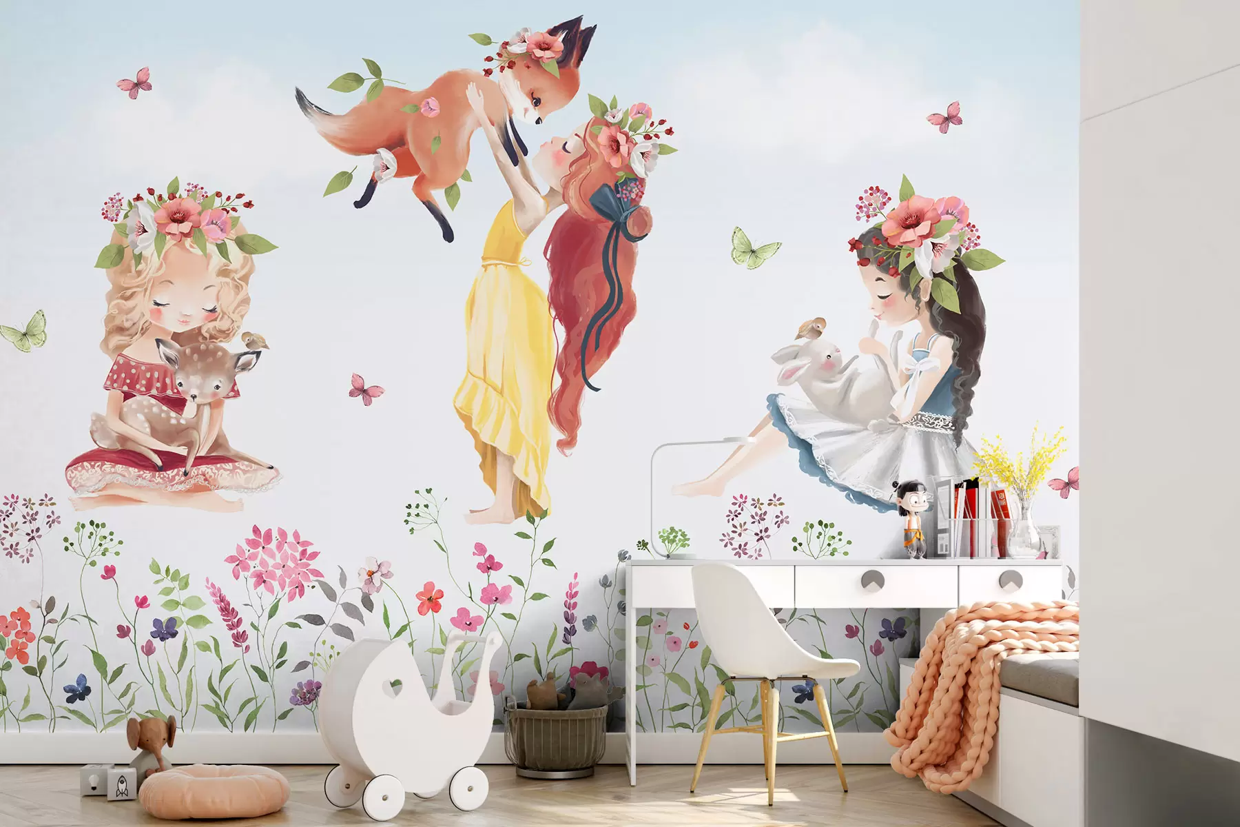 wall murals Girls with cute forest animals w03002