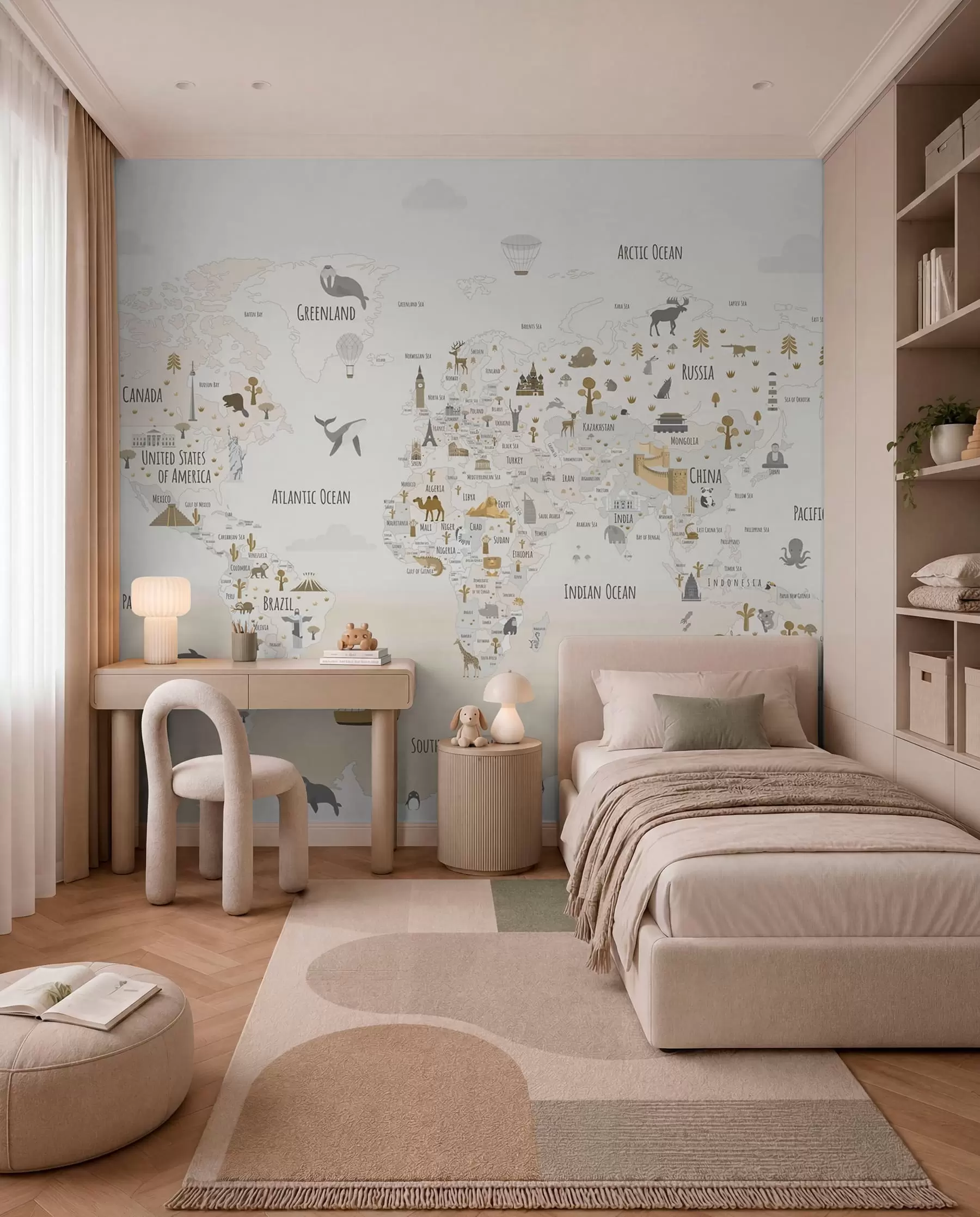 wall murals World map with animals and landmarks w03410v1