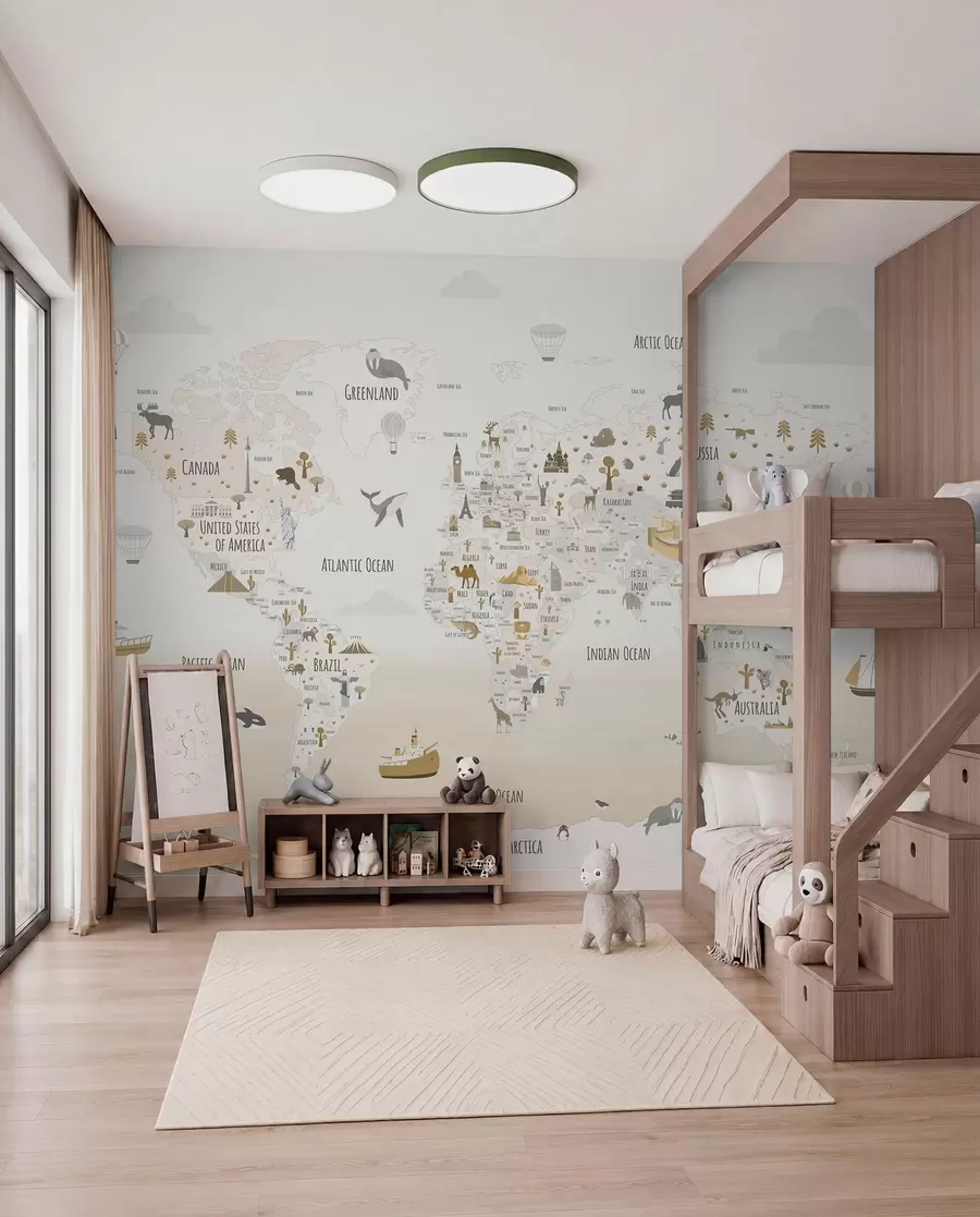 wall murals World map with animals and landmarks w03410v1