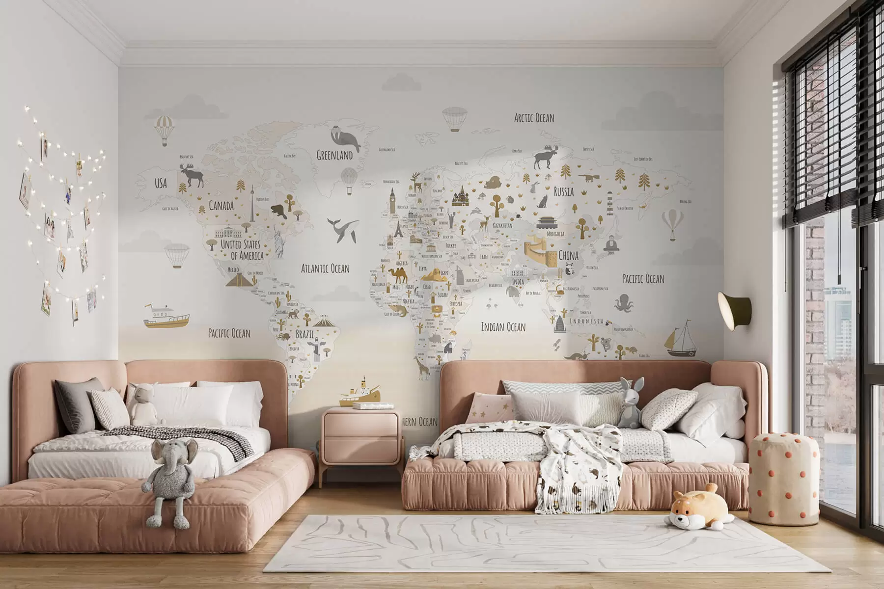 wall murals World map with animals and landmarks w03410v1