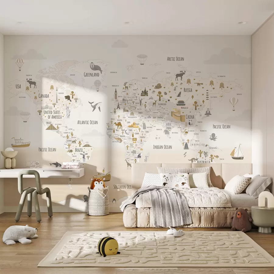 wall murals World map with animals and landmarks w03410v1