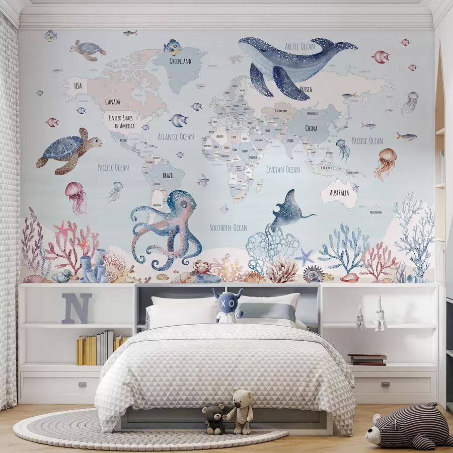 wall murals Underwater world with world map w03526