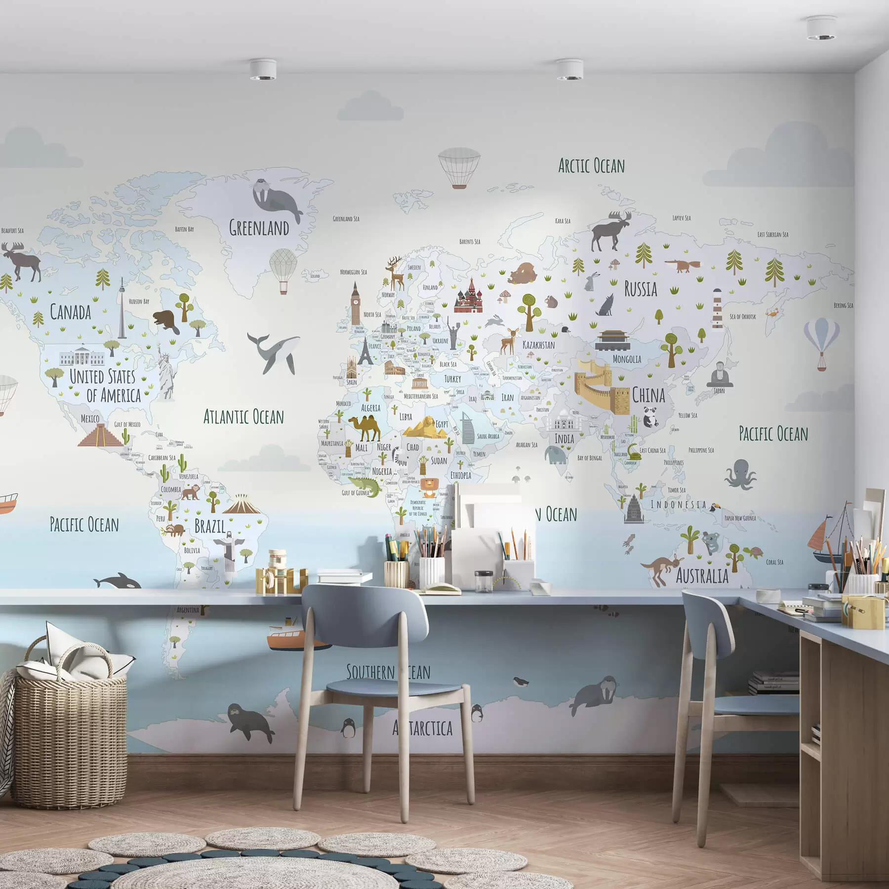 wall murals World map with animals and landmarks w03410