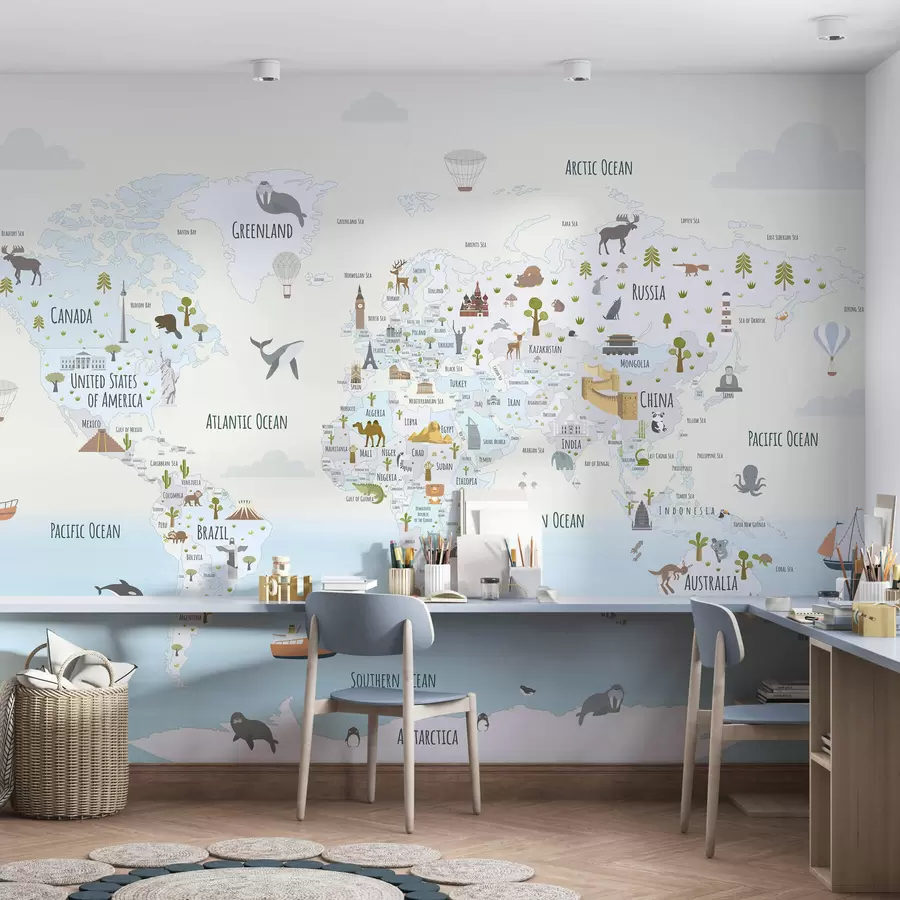 wall murals World map with animals and landmarks w03410