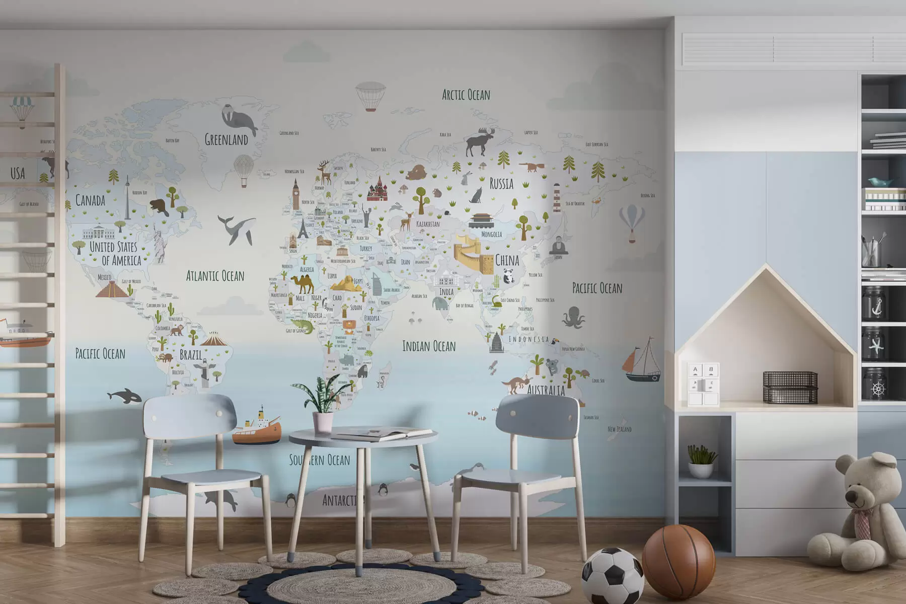 wall murals World map with animals and landmarks w03410