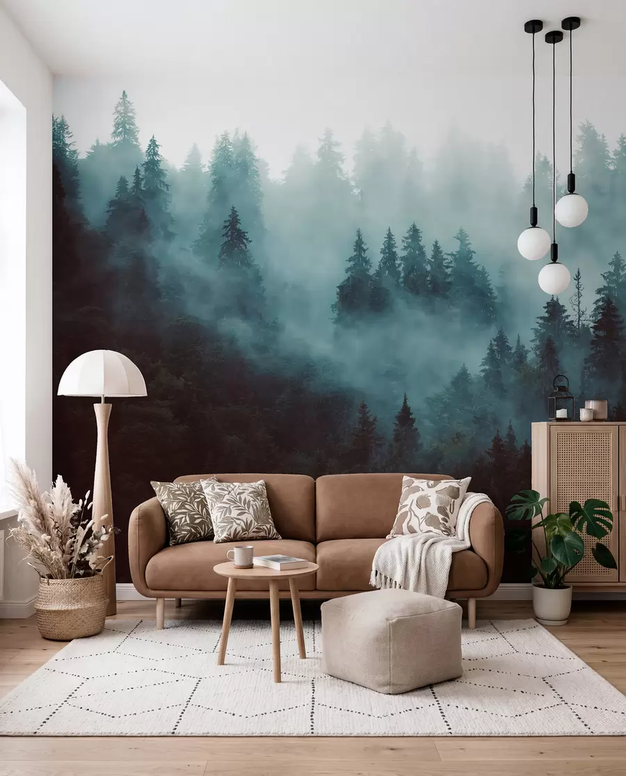 wall murals Beautiful forest in the fog u54118