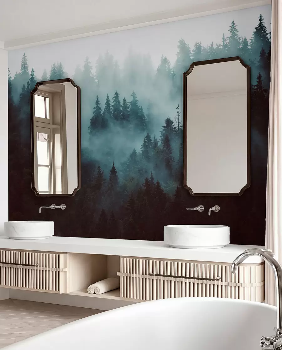 wall murals Beautiful forest in the fog u54118