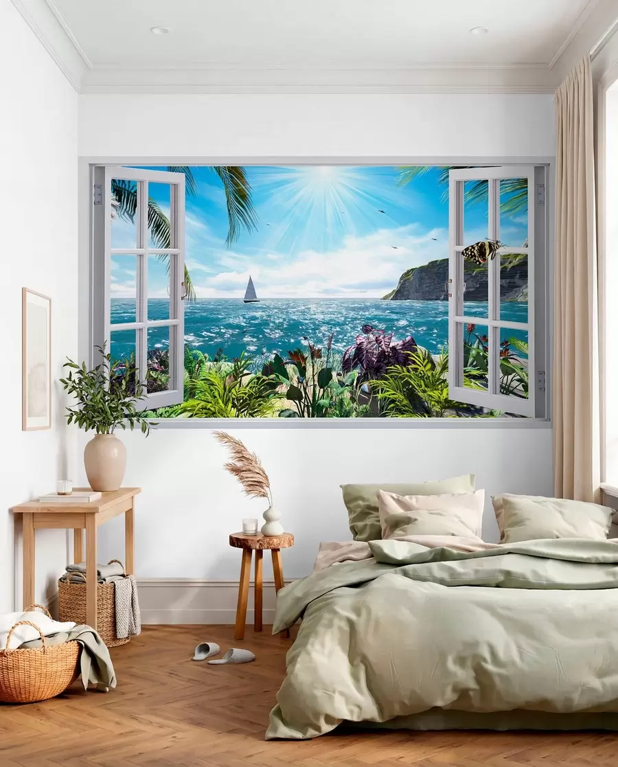 wall murals View from the window to the sea and the yacht u54608