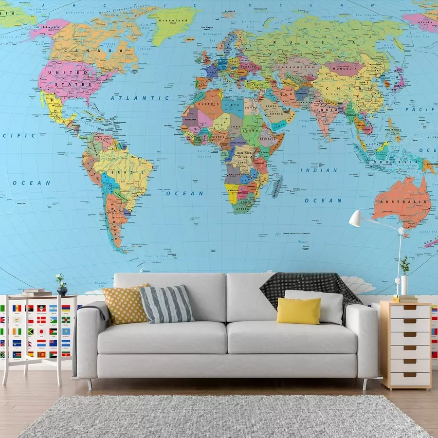 wall murals World map with country flags u60137