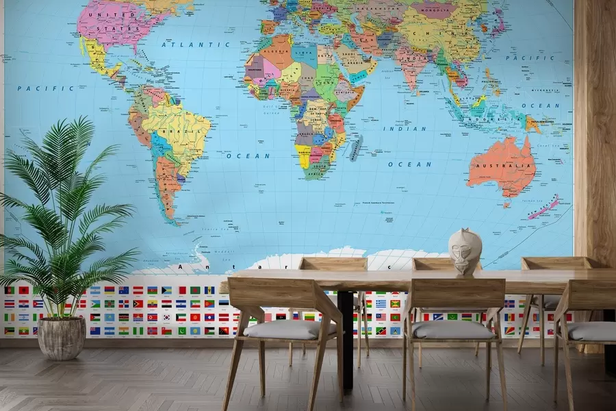 wall murals World map with country flags u60137