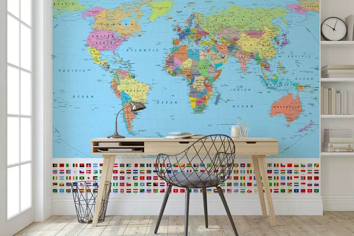 wall murals World map with country flags u60137