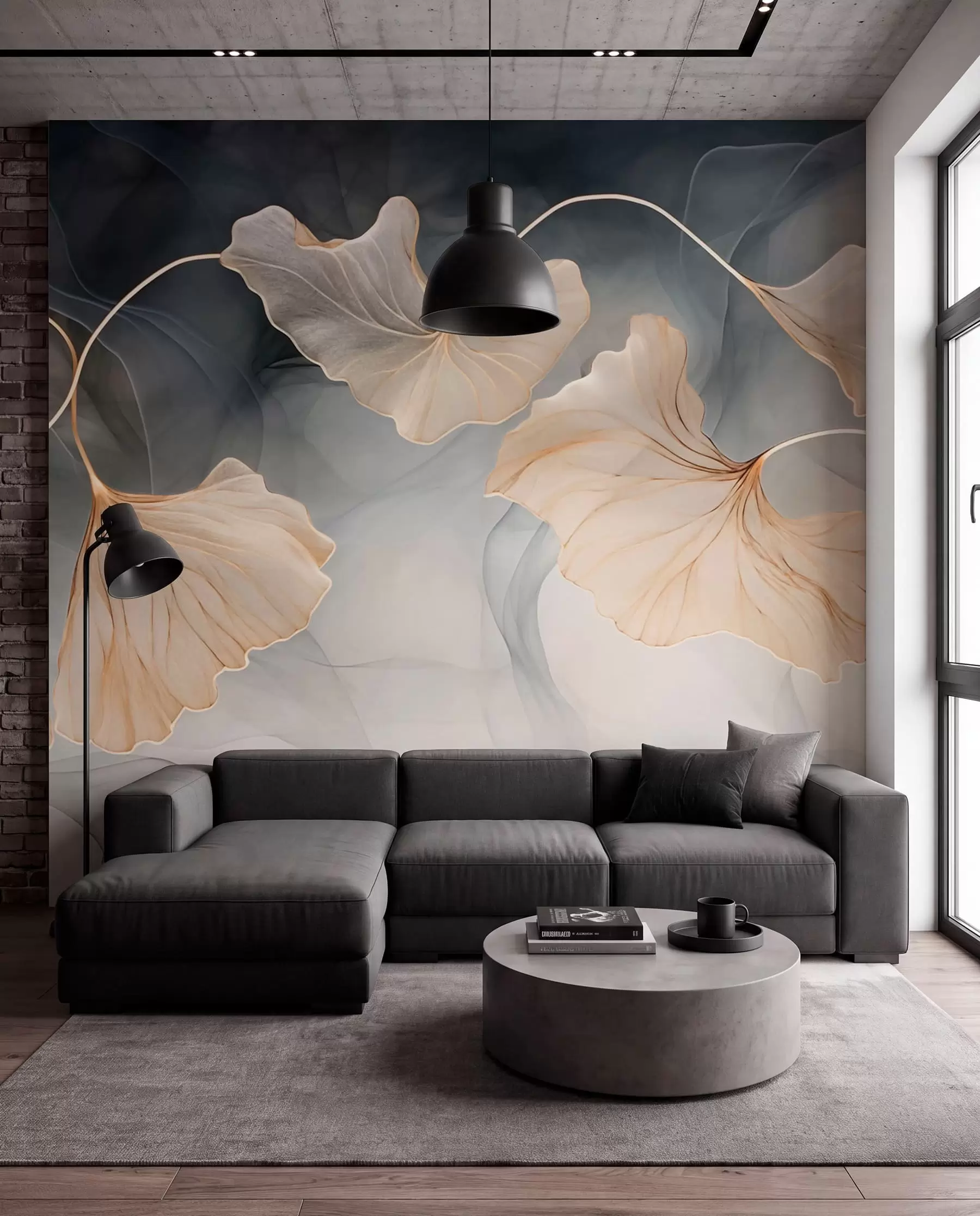 wall murals Ginkgo in Charcoal and Gold w03511
