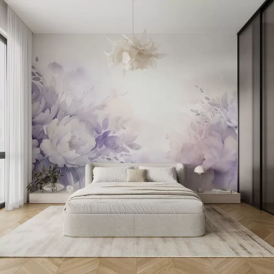 wall murals Large delicate lilac flowers, imitation of watercolor w08946