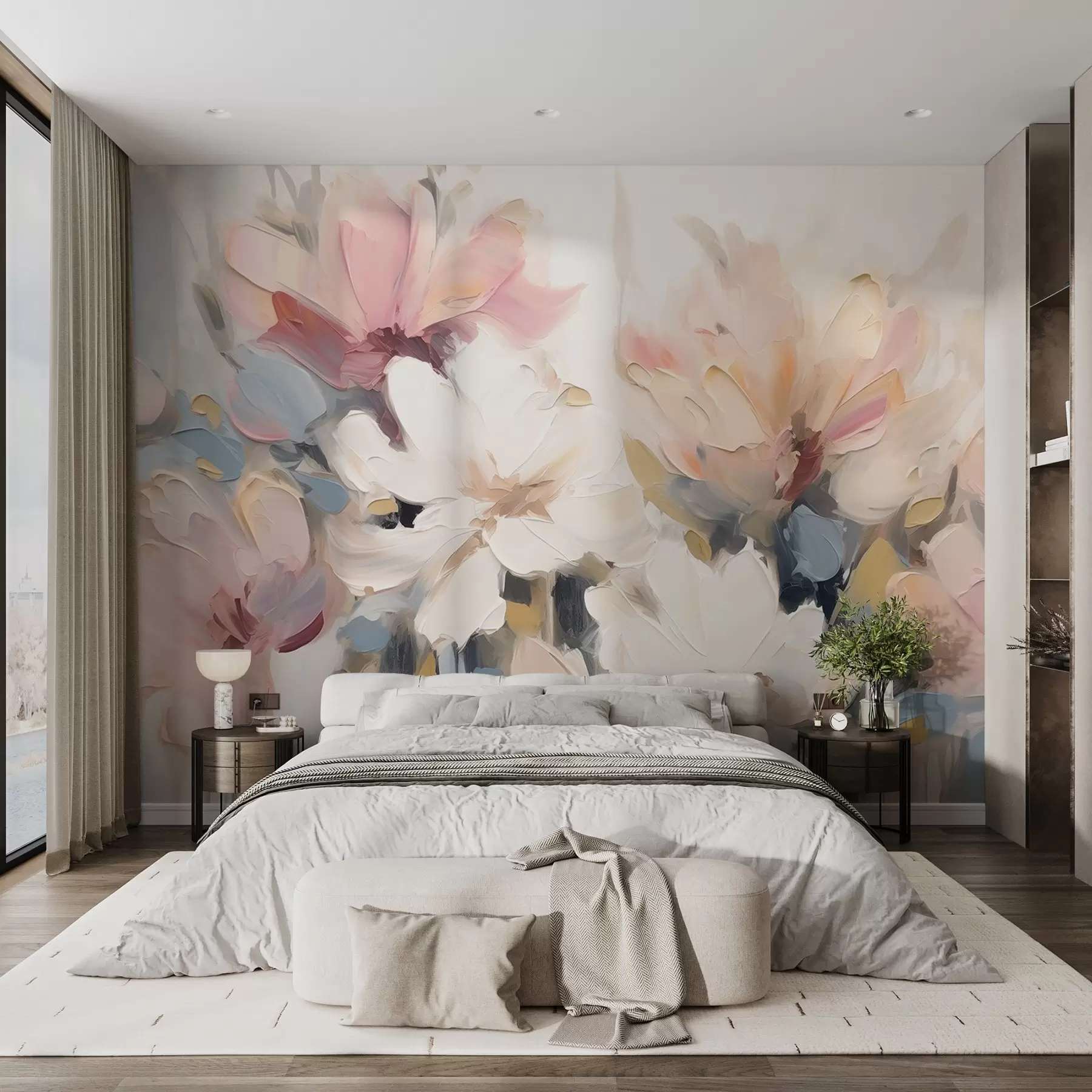 wall murals Abstract flowers in oil painting style in soft tones w03575