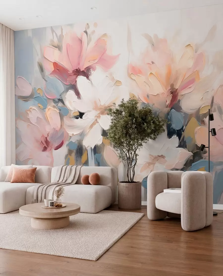 wall murals Abstract flowers in oil painting style in soft tones w03575