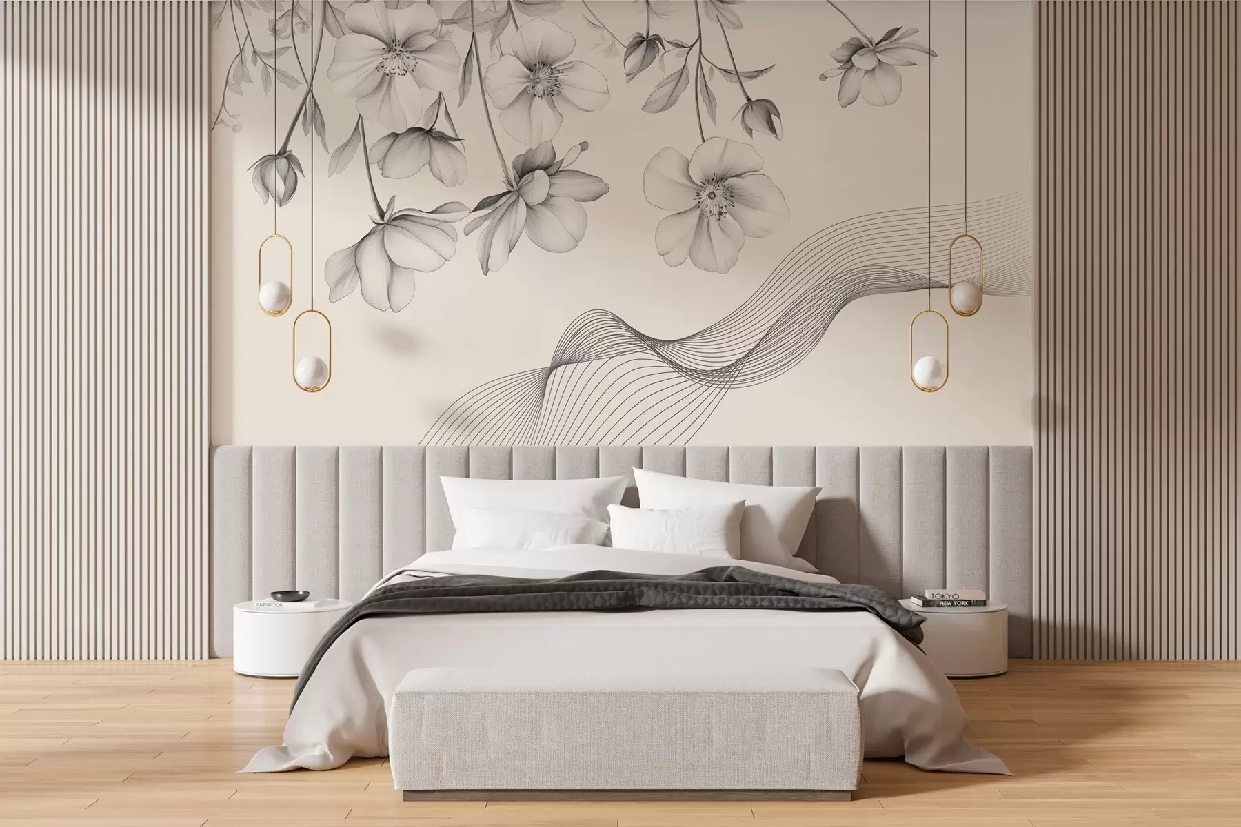 wall murals graphic flowers and lines on a light background w03454