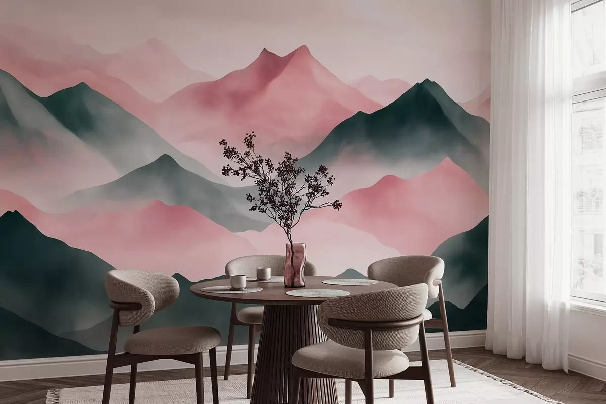 wall murals Mountains landscapes, watercolor style, mist, pink and grey w03548v1