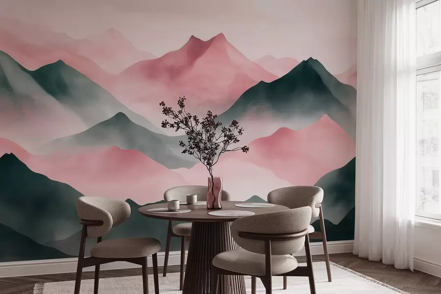 wall murals Mountains landscapes, watercolor style, mist, pink and grey w03548v1