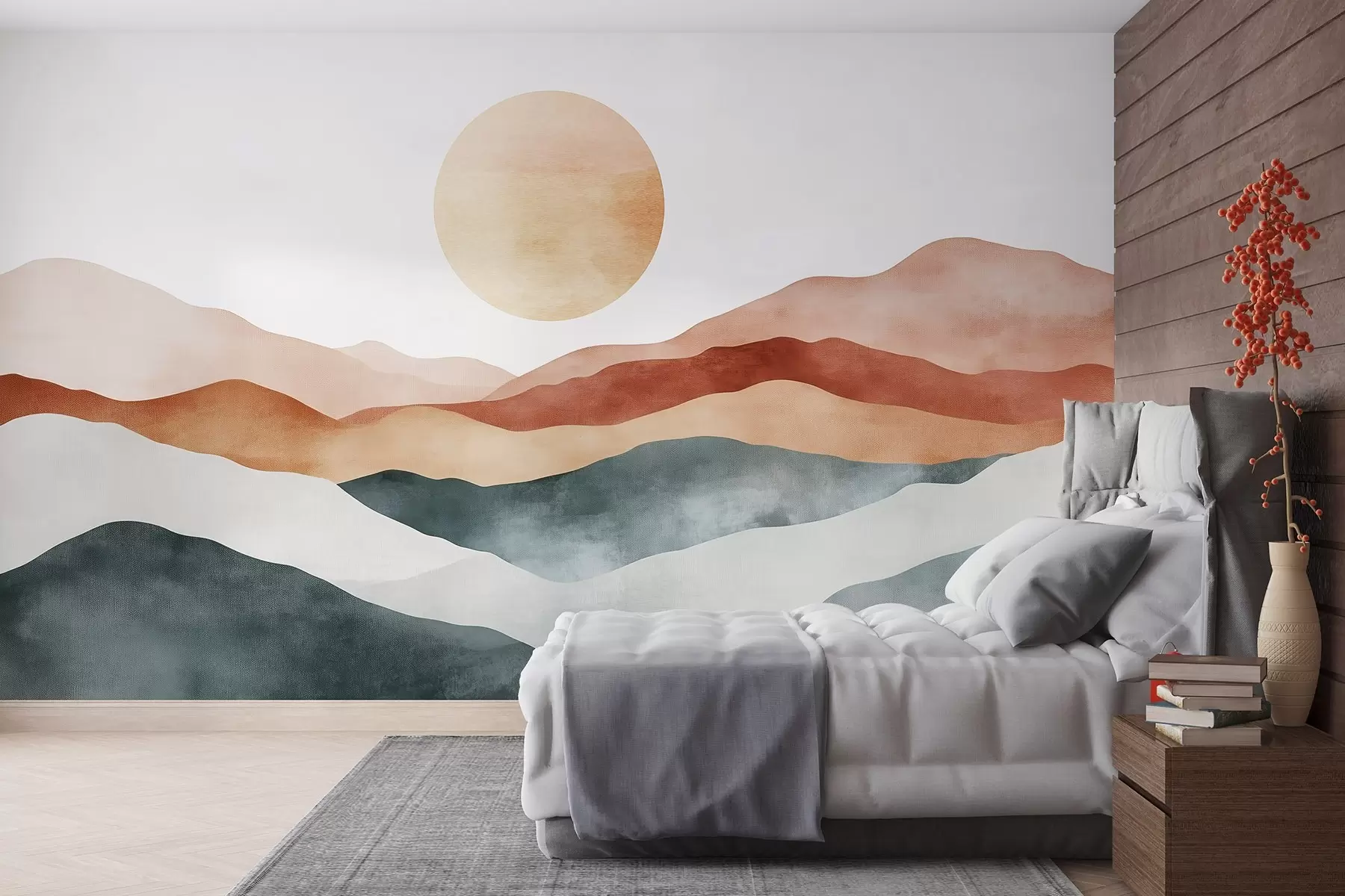 wall murals Watercolor mountains with the Sun, boho style, red, orange, grey w03551