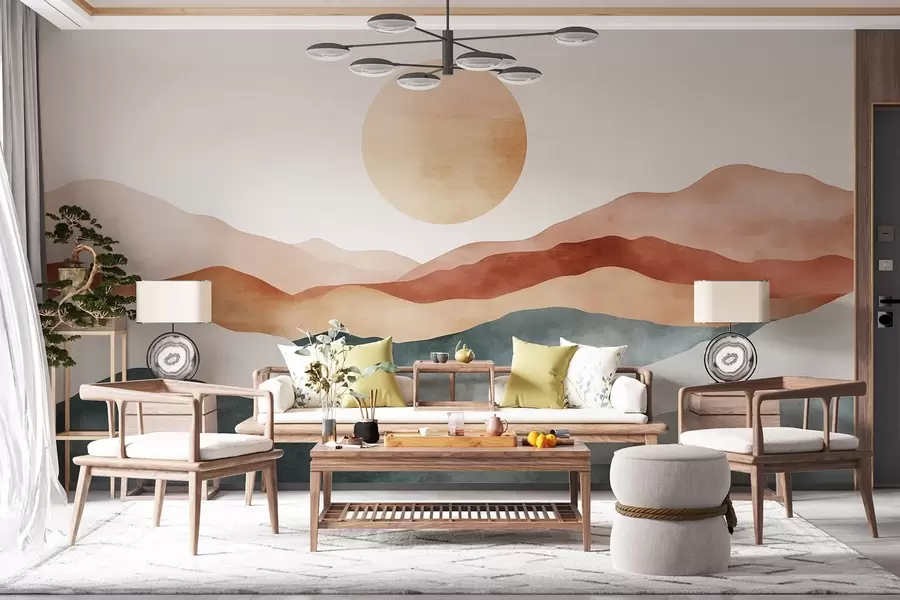 wall murals Watercolor mountains with the Sun, boho style, red, orange, grey w03551