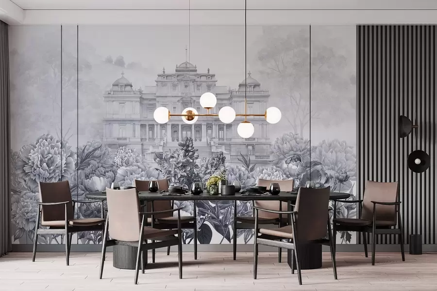 wall murals Royal palace with peony garden, watercolor style, nature, blue colors, boho w03552v1