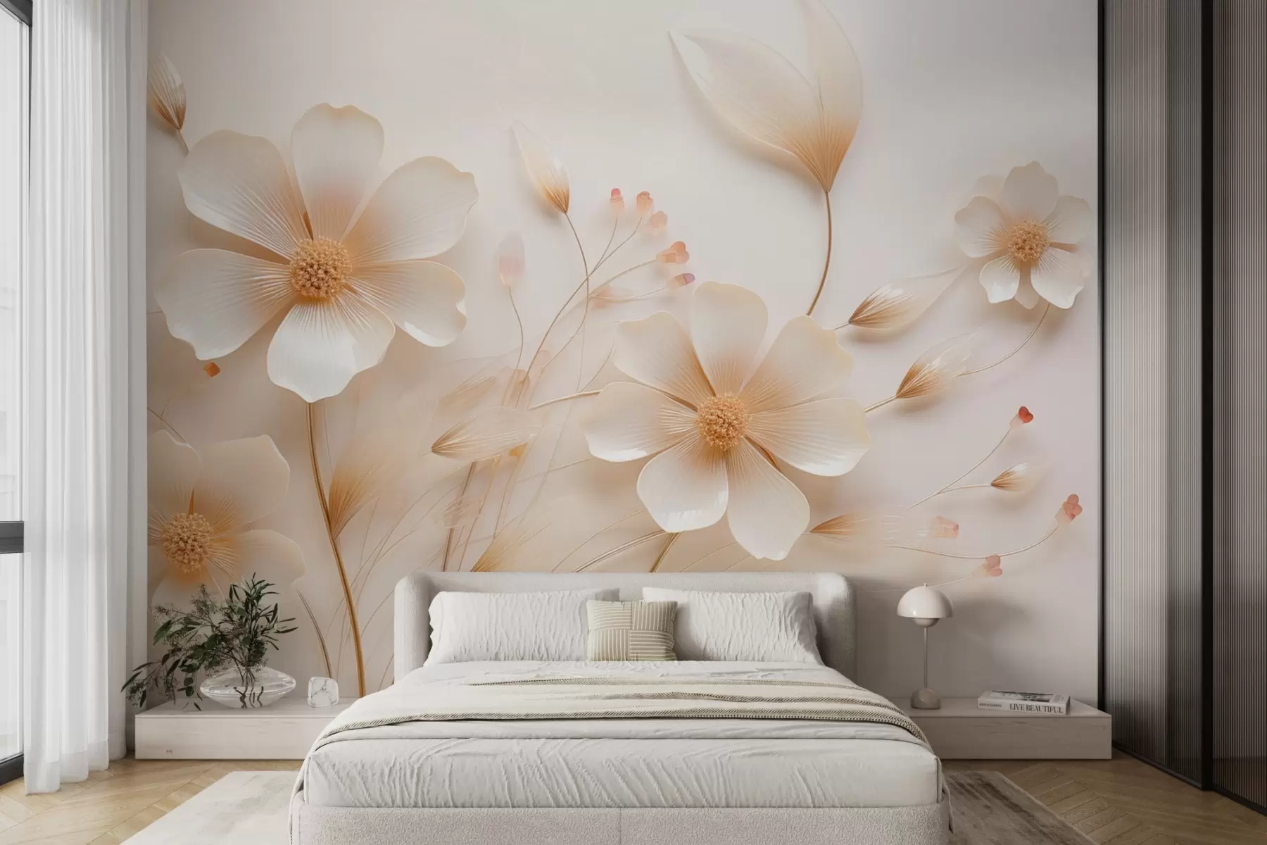 wall murals Light beige delicate wildflowers w08953