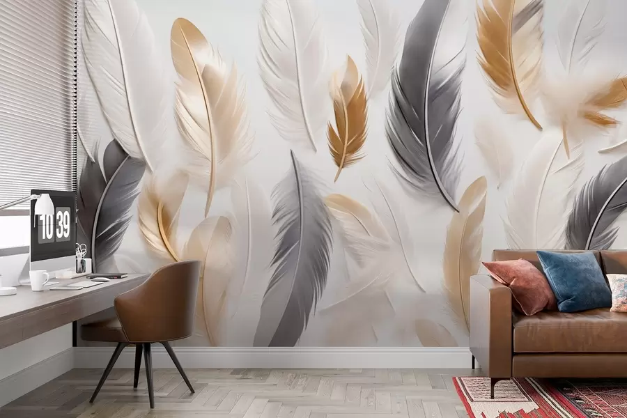 wall murals Beige-gray feathers in soft, calm tones w08955