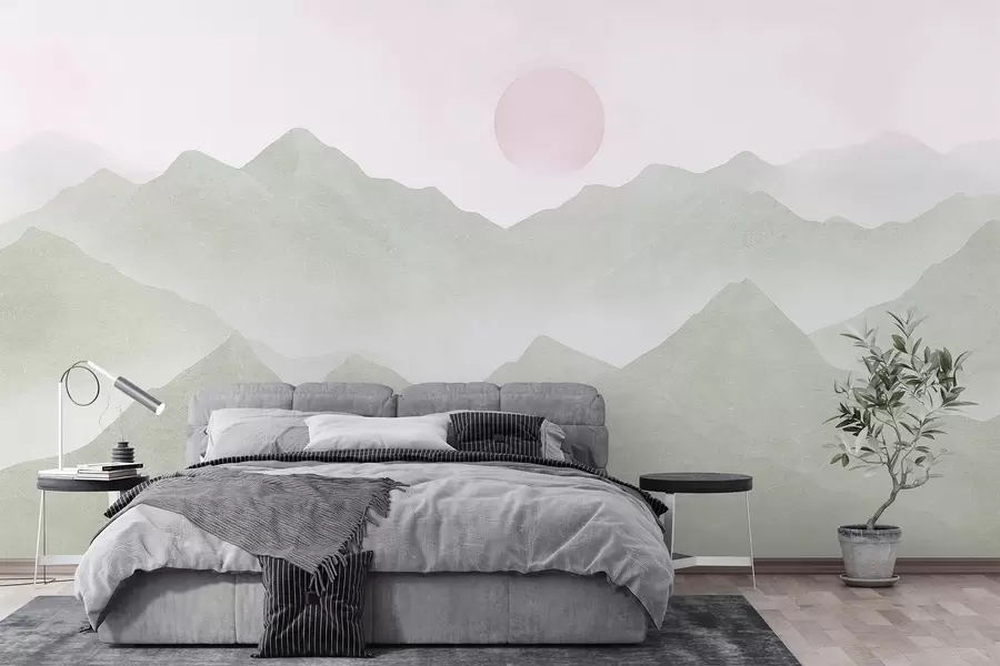 wall murals Boho style mountains landscape, sunset, soft pastel, green w03547
