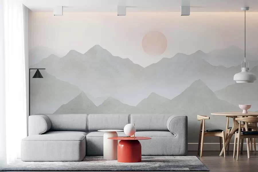 wall murals Boho style mountains landscape, sunset, soft pastel, grey w03547v1