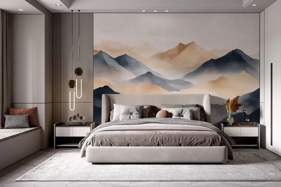 wall murals Mountains landscapes, watercolor style, mist, beige and grey w03548