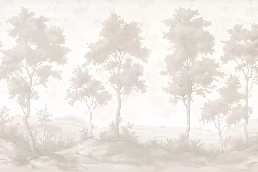 wall murals Trees on the hill, pastel style drawing, beige colors, rustic w03550