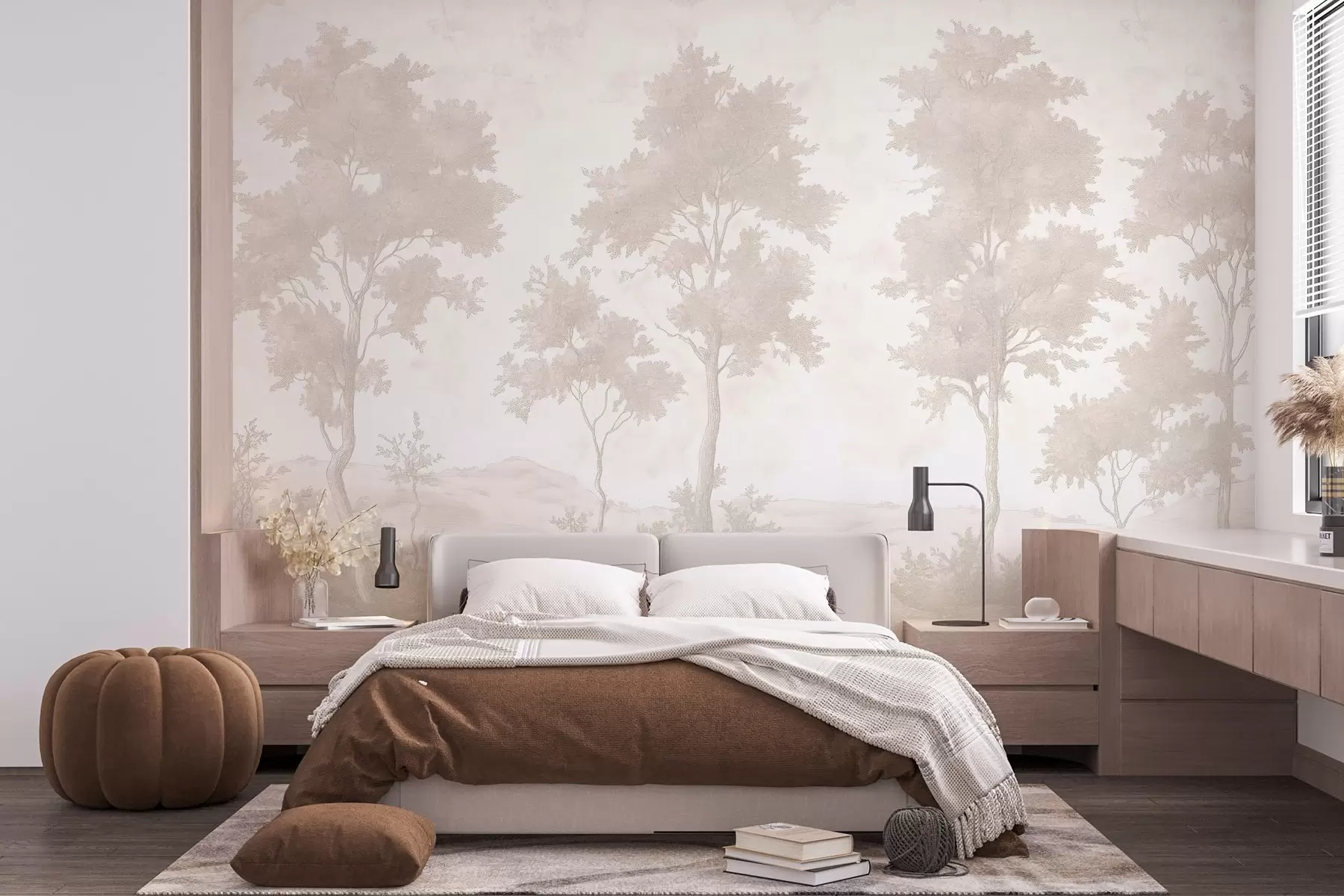 wall murals Trees on the hill, pastel style drawing, beige colors, rustic w03550