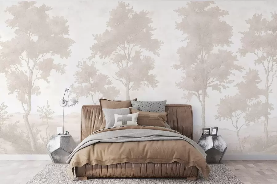 wall murals Trees on the hill, pastel style drawing, beige colors, rustic w03550