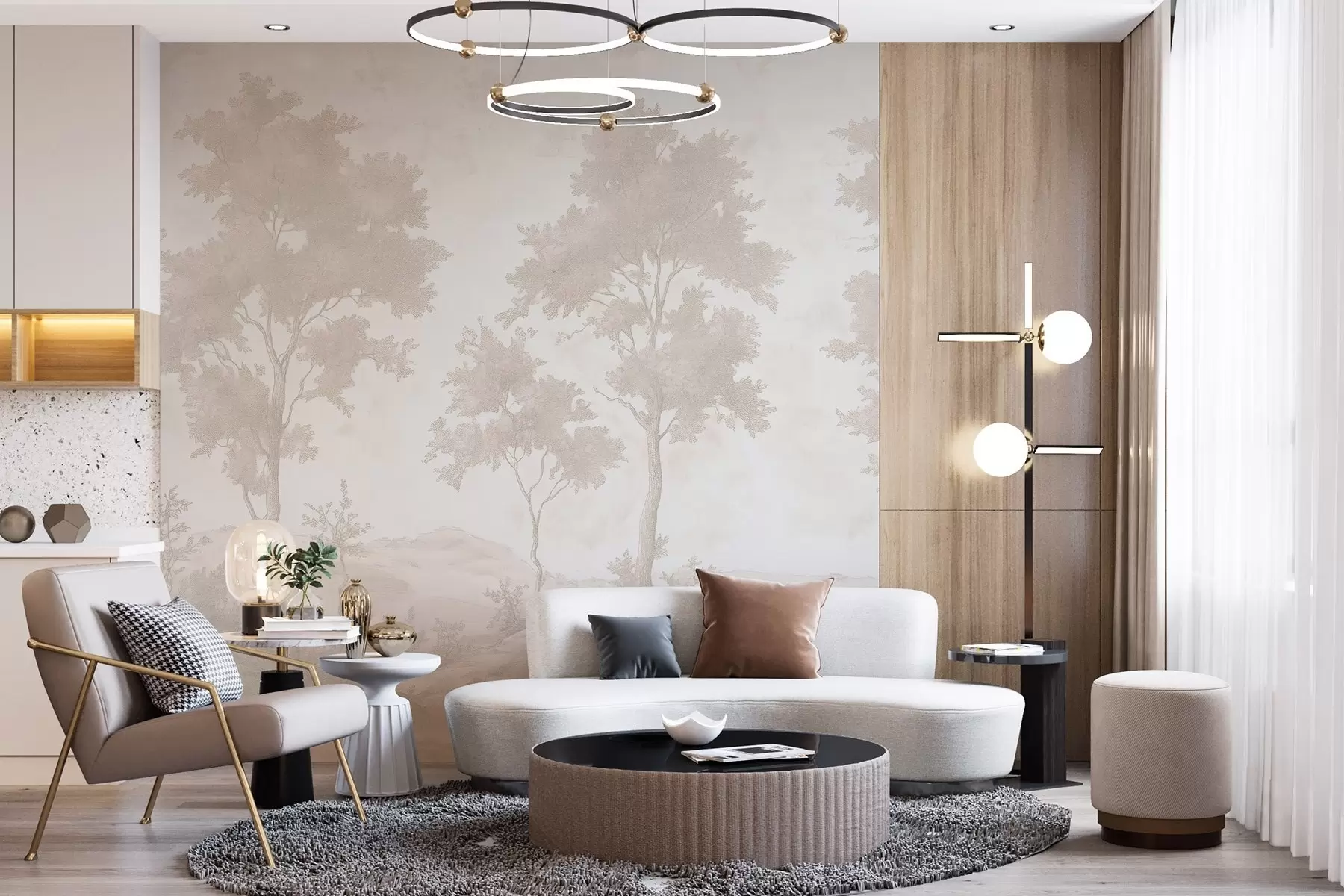 wall murals Trees on the hill, pastel style drawing, beige colors, rustic w03550