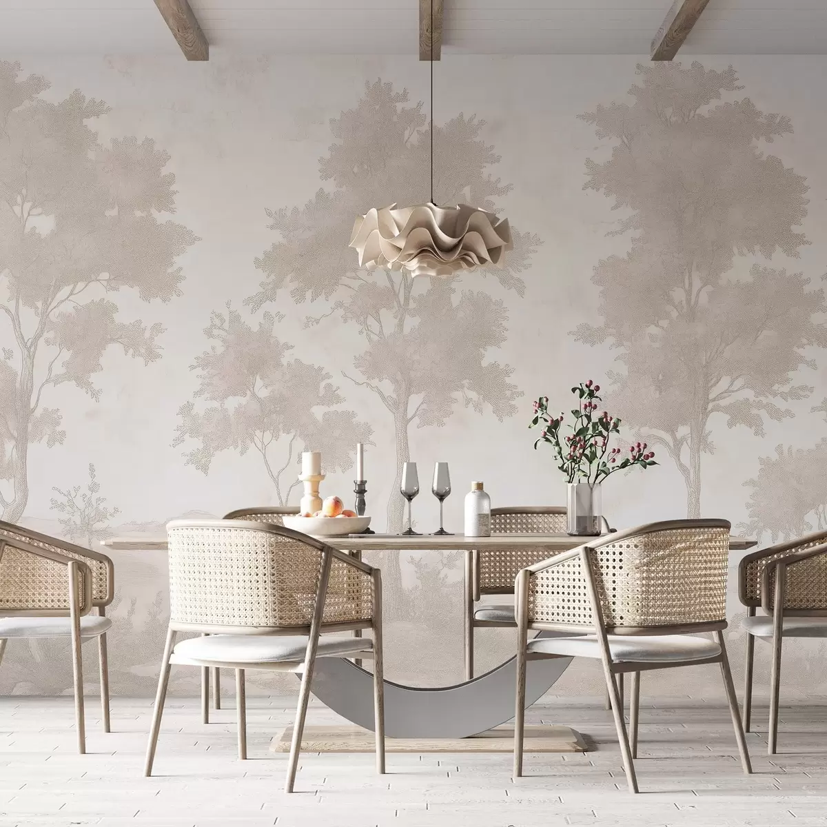 wall murals Trees on the hill, pastel style drawing, beige colors, rustic w03550