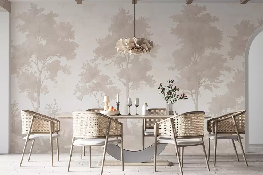 wall murals Trees on the hill, pastel style drawing, beige colors, rustic w03550