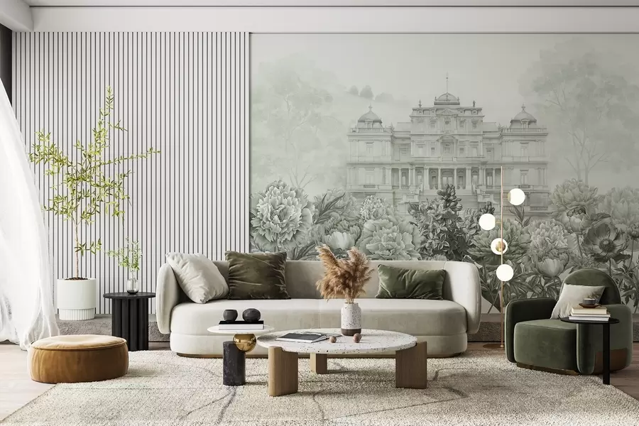 wall murals Royal palace with peony garden, watercolor style, nature, green colors, boho w03552v2