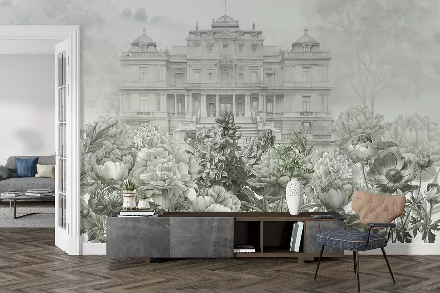 wall murals Royal palace with peony garden, watercolor style, nature, green colors, boho w03552v2