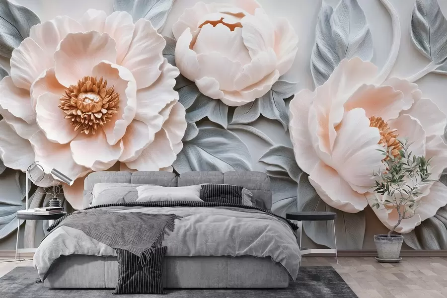 wall murals Magnificent large peonies with leaves in fresco style w08954