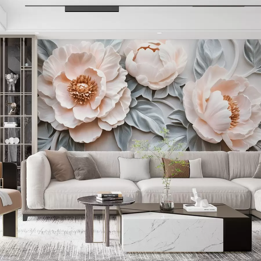 wall murals Magnificent large peonies with leaves in fresco style w08954
