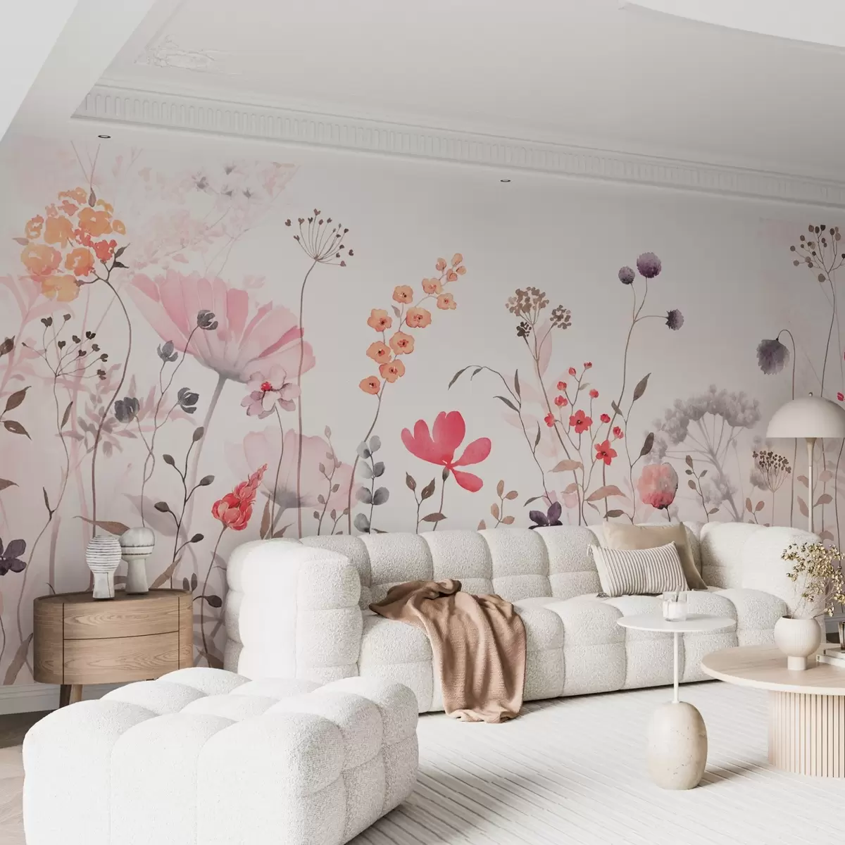 wall murals Watercolor-style wildflowers with poppies, chrysanthemums, dandelions, and grass w08956