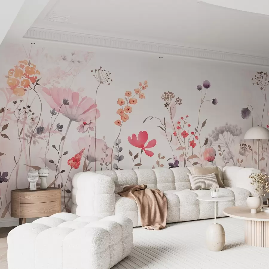 wall murals Watercolor-style wildflowers with poppies, chrysanthemums, dandelions, and grass w08956