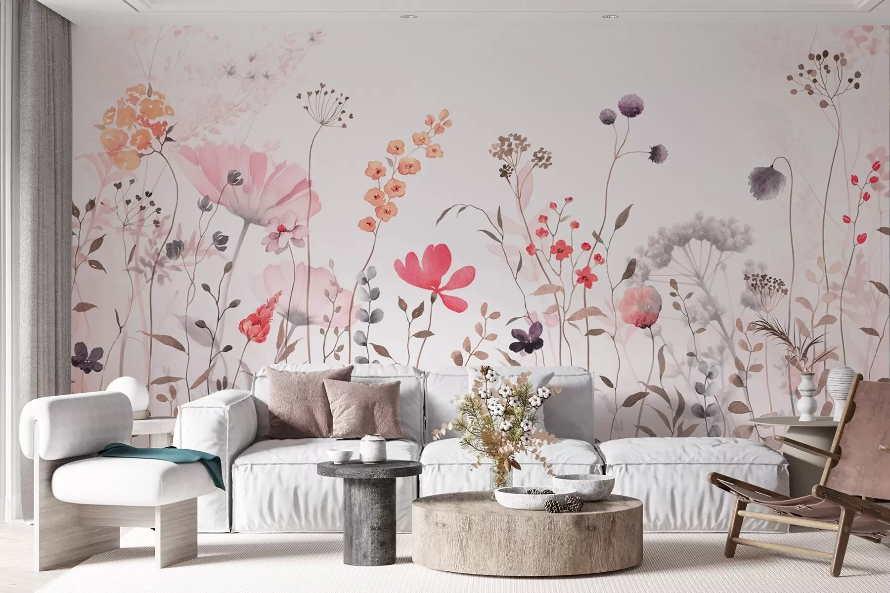 wall murals Watercolor-style wildflowers with poppies, chrysanthemums, dandelions, and grass w08956